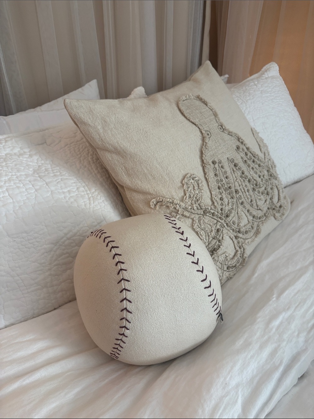 Pottery Barn Kids Cream Baseball Stitch Round Throw Pillow